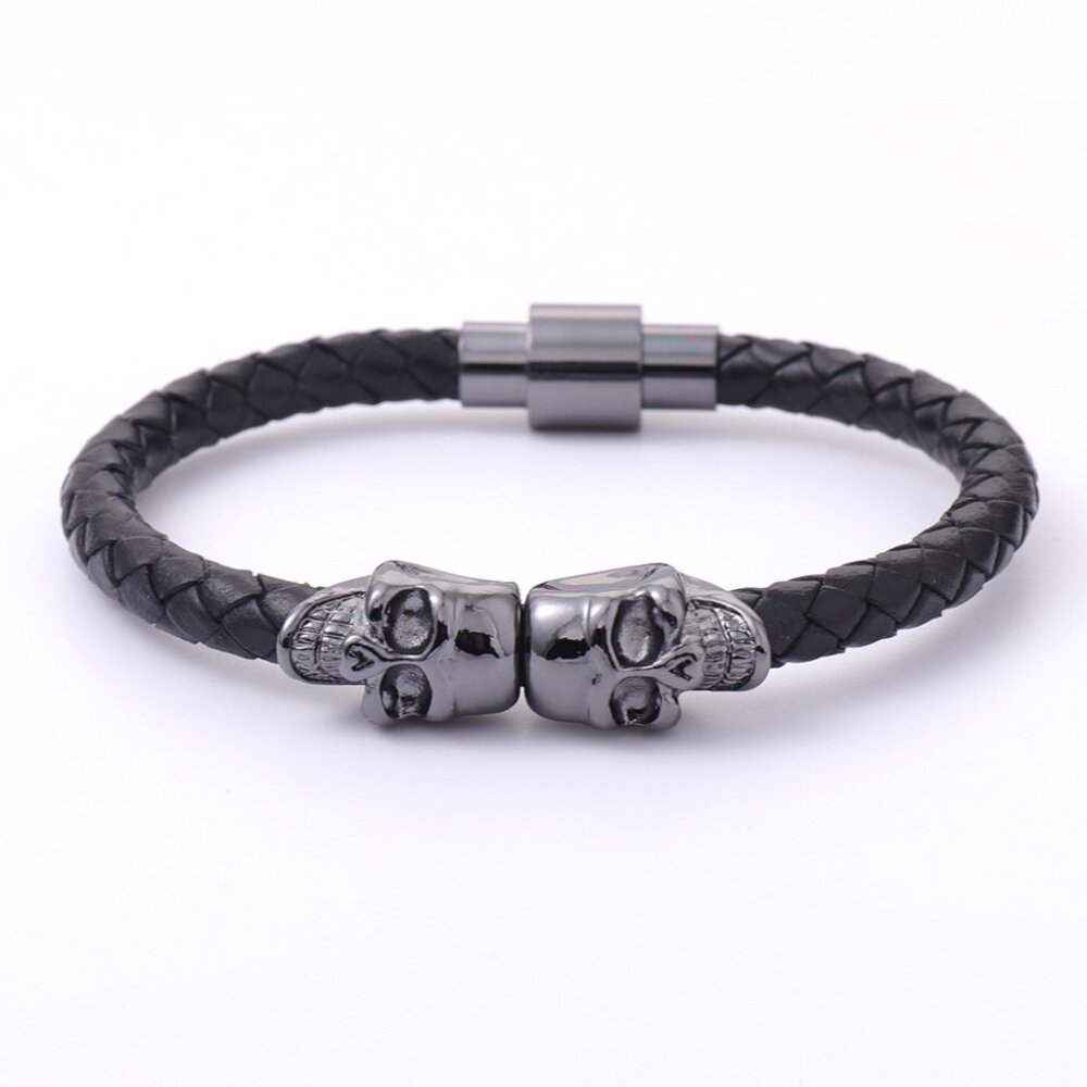 3/$35 Men’s Black Braided Leather Bracelet with Stainless Steel Skull Clasp